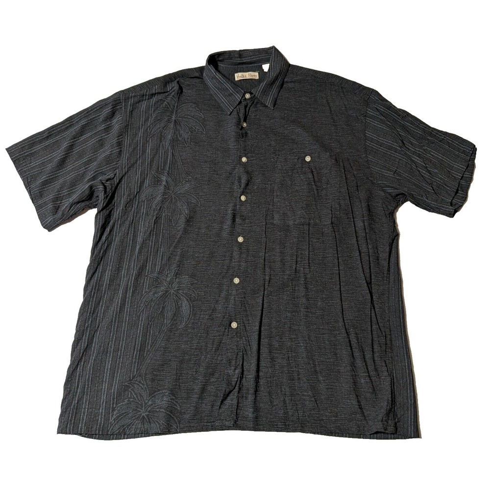 HOLLIS RIVER Men XL Palm‎ Trees Rayon Black Striped Button-Up Shirt EUC